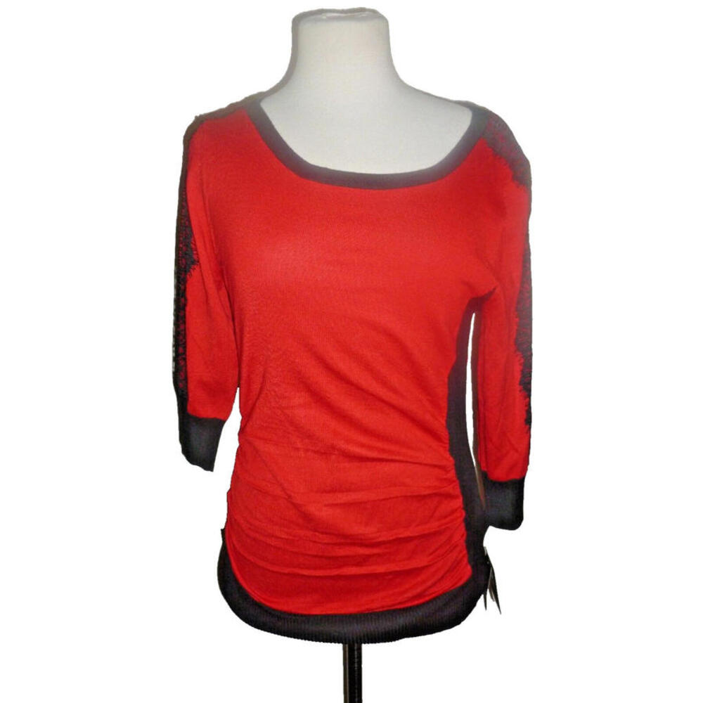 NWT Iz Byer Red Lace Trim Sweater‎ Pullover L Large